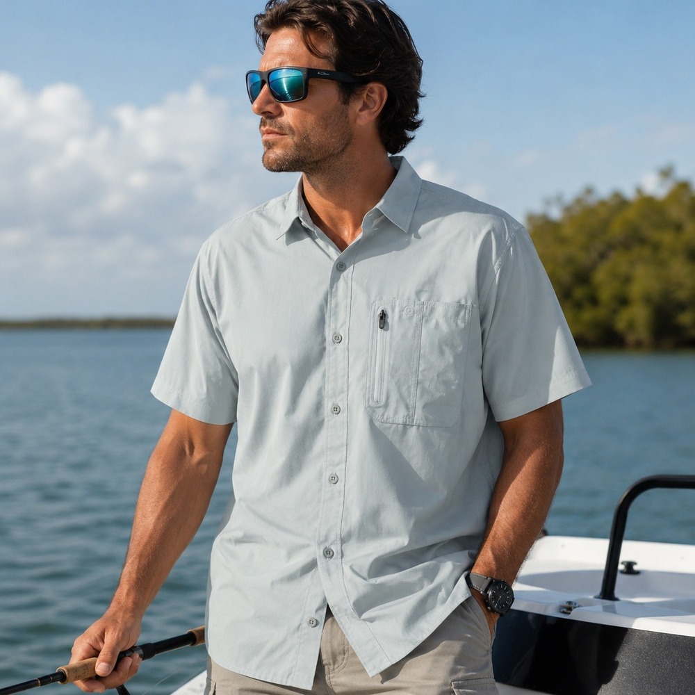 Gillz Mens Performance Fishing Shirt L Blue Stretch Button Up Outdoor Gorpcore